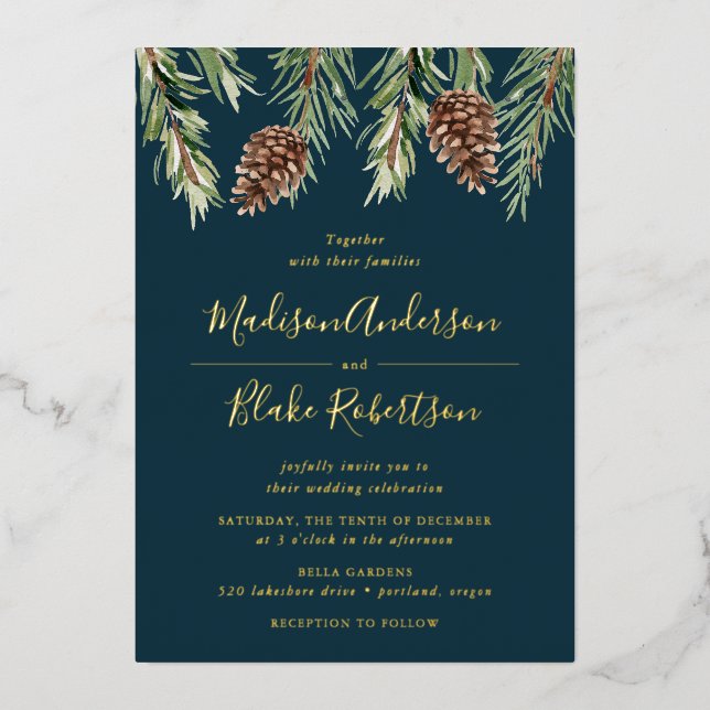 Winter Watercolor Pine Cone Wedding (Front)