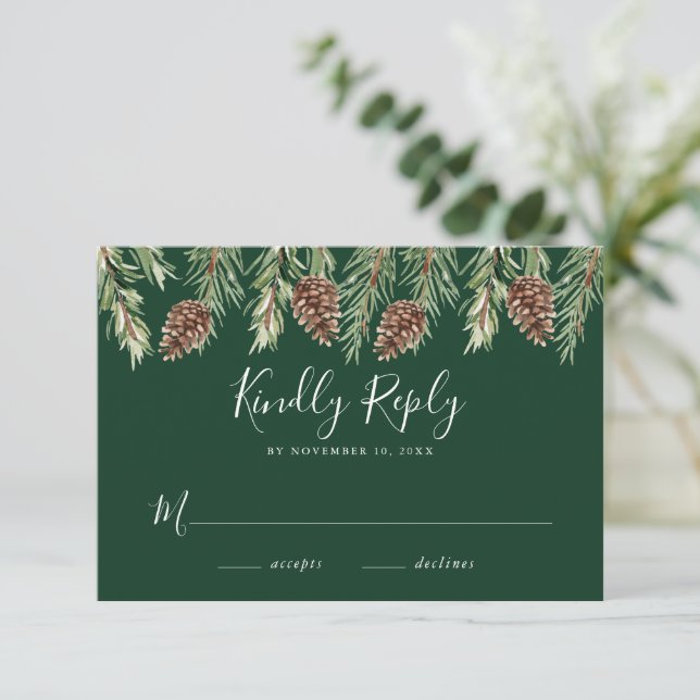Winter Watercolor Pine Cone Wedding RSVP Enclosure Card (Standing Front)
