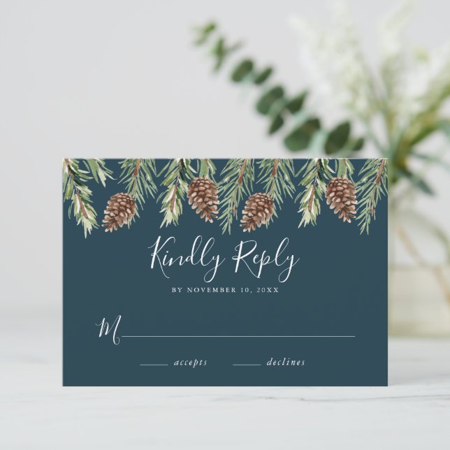 Winter Watercolor Pine Cone Wedding RSVP Enclosure Card (Standing Front)