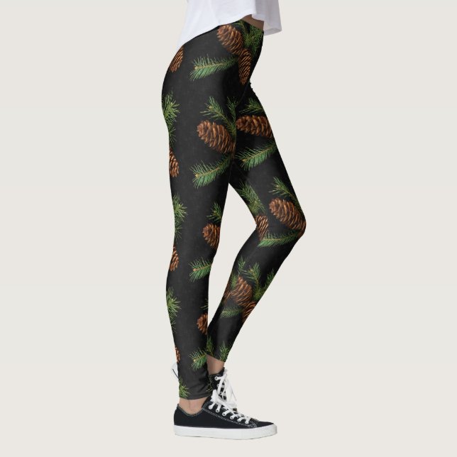 Winter Watercolor Pine Cones on Charcoal Woodland Leggings (Right)