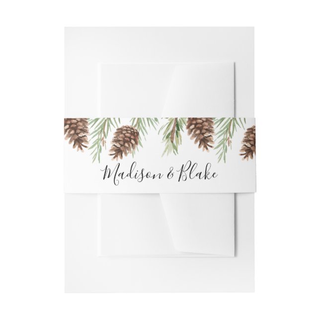 Winter Watercolor Pinecone Wedding Invitation Belly Band (Front Example)