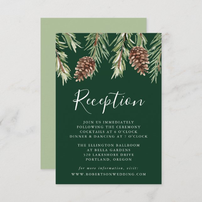 Winter Watercolor Pinecone Wedding Reception Enclosure Card (Front/Back)