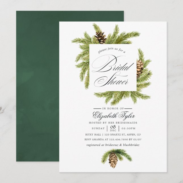 Winter Watercolor Pines Bridal Shower Invitation (Front/Back)