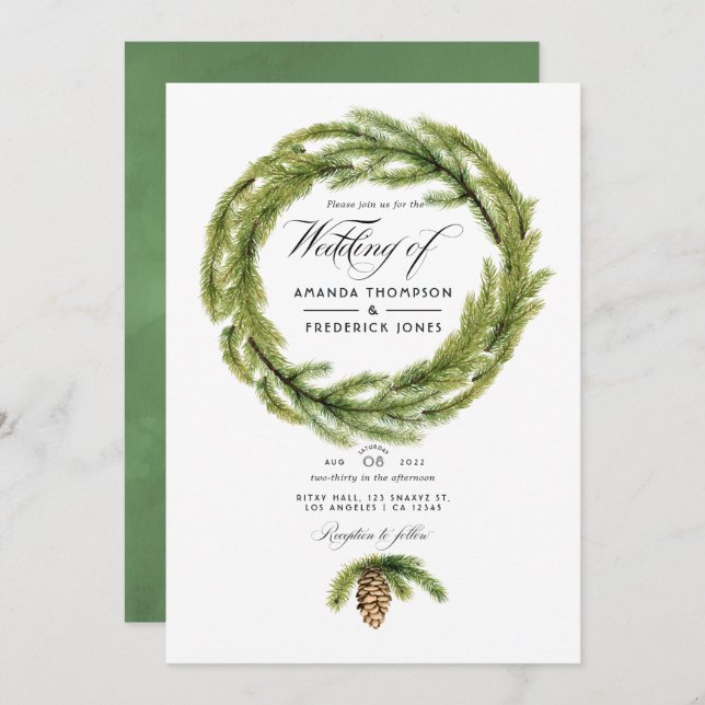Winter Watercolor Pines QR Code RSVP Wedding Invitation (Front/Back)