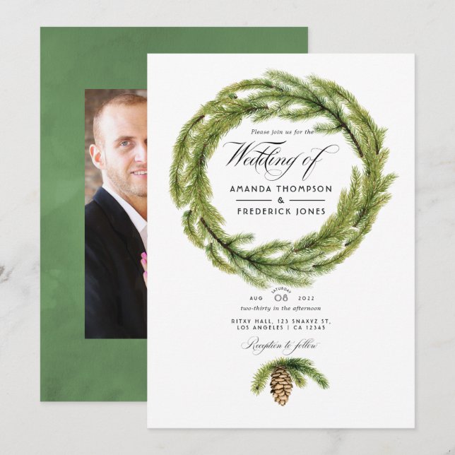 Winter Watercolor Pines Wedding Photo Invitation (Front/Back)