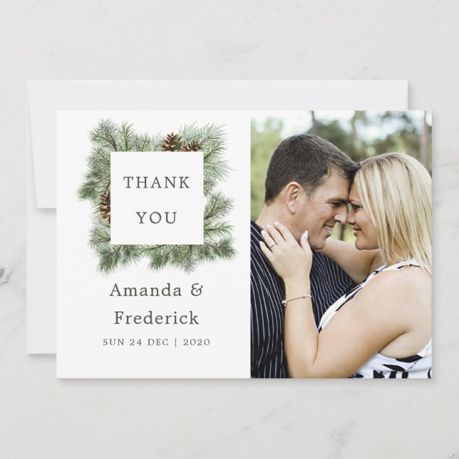 Winter Watercolor Pines Wedding Thank You photo Card (Front)