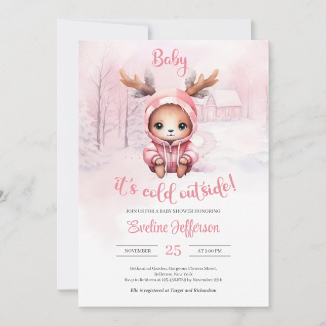 Winter watercolor pink baby deer girl invitation (Front)