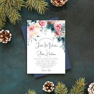 Winter Watercolor Pink Blue Yellow Floral Wedding Invitation
