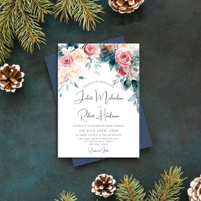 Winter Watercolor Pink Blue Yellow Floral Wedding Invitation (Creator Uploaded)