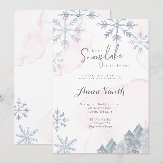 Winter watercolor pink girl baby shower invitation (Front/Back)