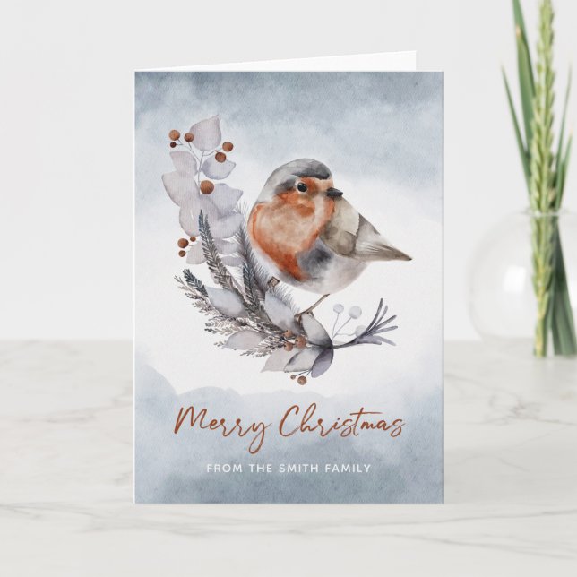 Winter Watercolor Robin Merry Christmas Card (Front)