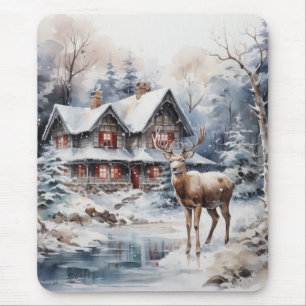 Winter Watercolor Scene - Deer and Cottage Mouse Mat