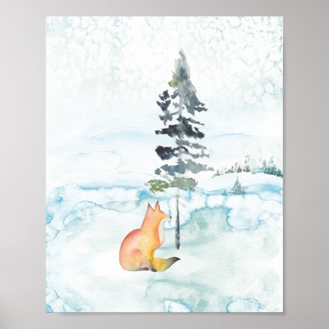 Winter Watercolor Scene Red Fox Drawing Poster (Front)