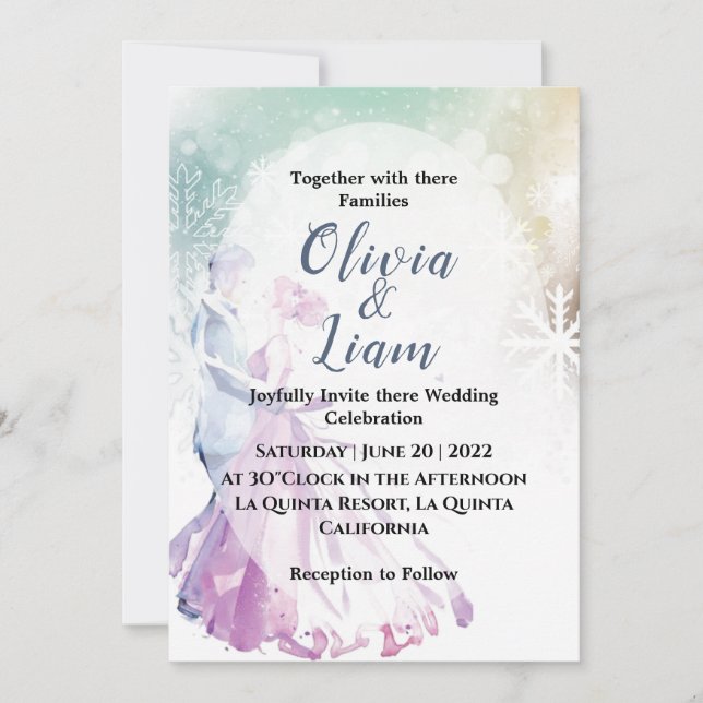 Winter Watercolor Snowflakes & Couple Wedding Invitation (Front)