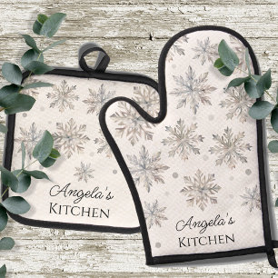 Winter Watercolor Snowflakes Monogrammed Oven Mitt & Pot Holder Set