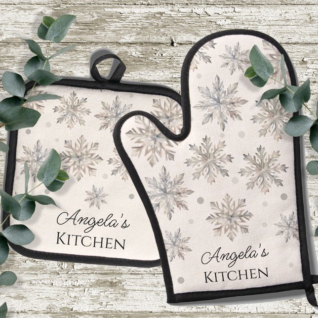Winter Watercolor Snowflakes Monogrammed Oven Mitt & Pot Holder Set (Creator Uploaded)