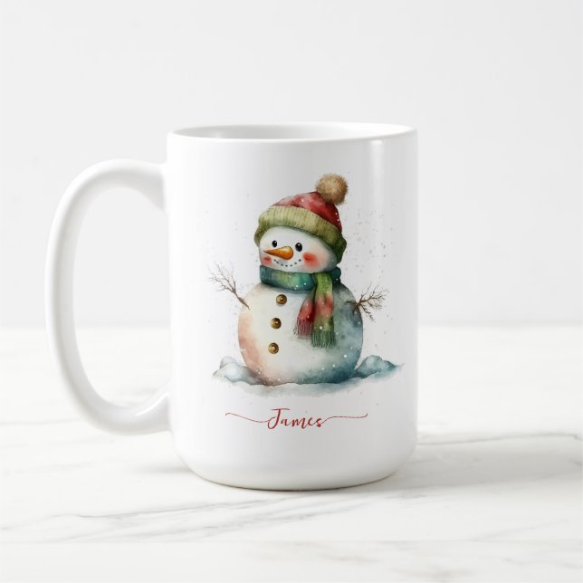 Winter Watercolor Snowman Personalised Christmas Coffee Mug (Left)