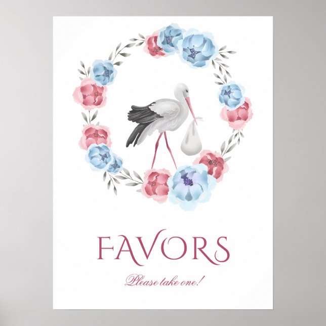 Winter Watercolor Stork Favours Baby Shower Poster (Front)
