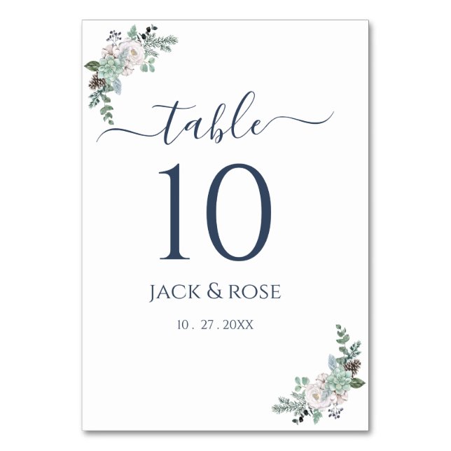 Winter Watercolor Wedding Table Number (Front)