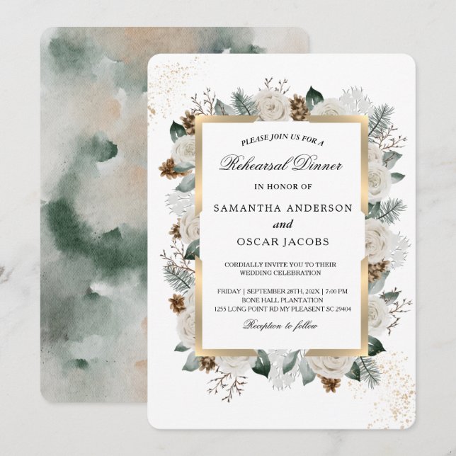 Winter Watercolor White Flowers & Pine Frame Invitation (Front/Back)
