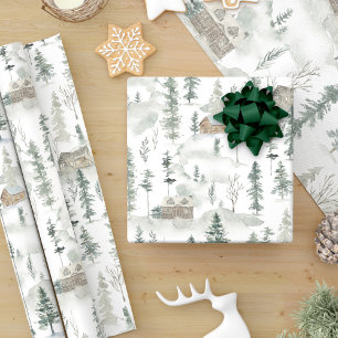 Winter Watercolor Woodland Forest Cabins Wrapping Paper