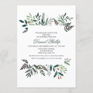 Winter Watercolor Wreath Baptism Invitation