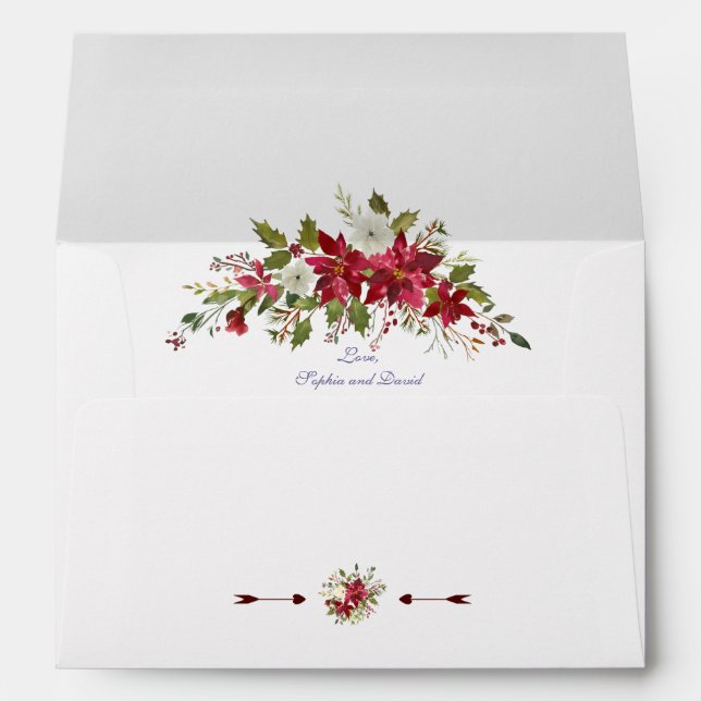 Winter Watercolour Red Poinsettia Wedding Envelope (Back (Bottom))