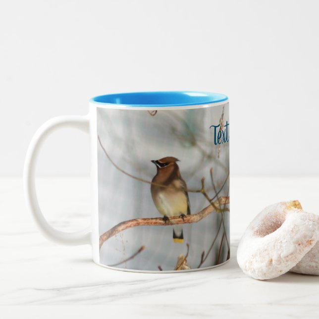 Winter Waxwing Wildlife Nature Personalised Two-Tone Coffee Mug (With Donut)