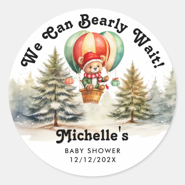 Winter We Can Bearly Wait Christmas Baby Shower Classic Round Sticker (Front)