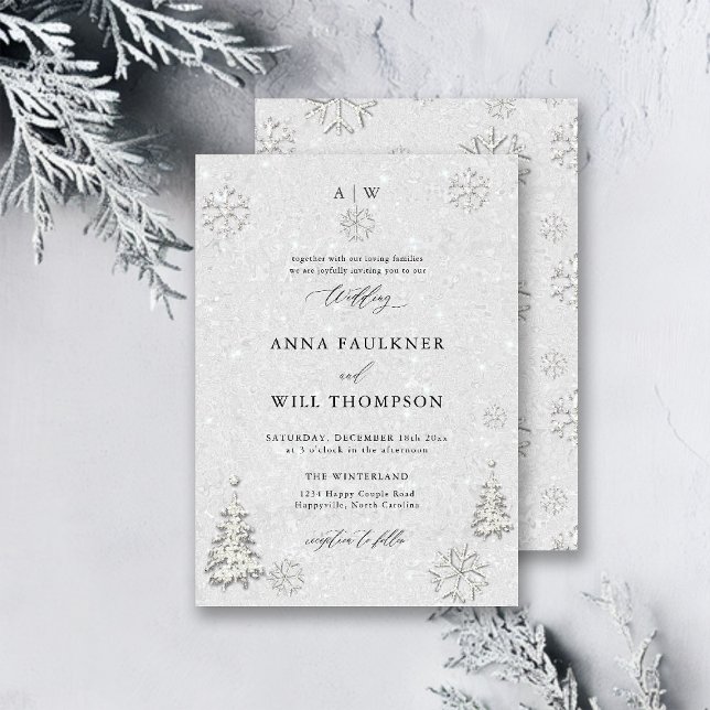 Winter Wedding Black White Pine Wonderland Wedding Invitation (winter wedding invitation white wonderland christmas pine tree glitter black white snow flakes)