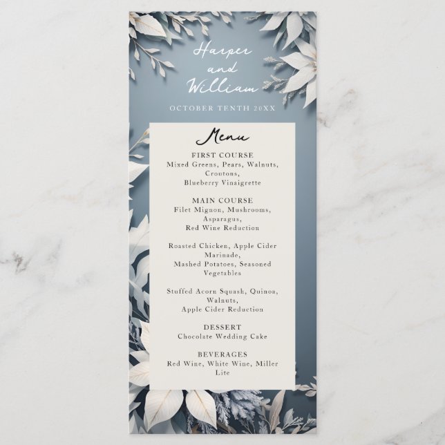 Winter wedding blue and white wedding menu (Front)