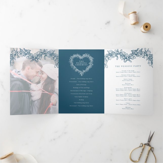 Winter wedding blue mistletoe botanical marriage Tri-Fold programme (Inside)