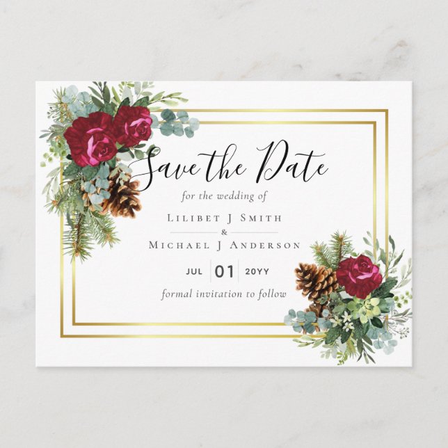 Winter Wedding Burgundy Roses Eucalyptus Postcard (Front)