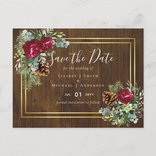 Winter Wedding Burgundy Roses Eucalyptus Postcard (Front)