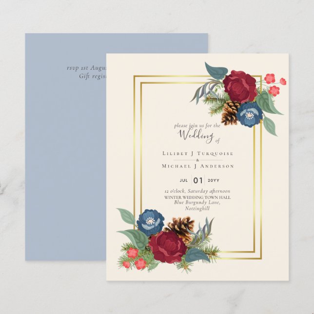 Winter Wedding Burgundy Teal Blue Modern (Front/Back)