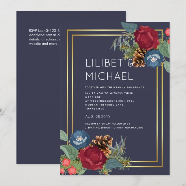 Winter Wedding Burgundy Teal Blue Modern Invitation (Front/Back)