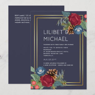 Winter Wedding Burgundy Teal Blue Modern Invitation