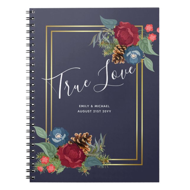 Winter Wedding Burgundy Teal Blue Modern Notebook (Front)