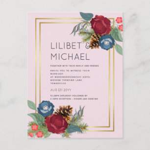 Winter Wedding Burgundy Teal Blue Modern Postcard