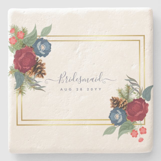 Winter Wedding Burgundy Teal Blue Modern Stone Coaster (Front)