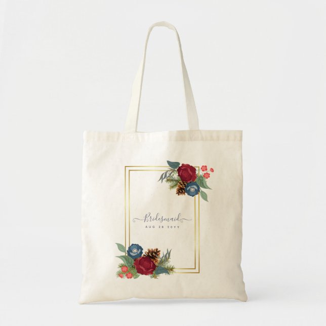 Winter Wedding Burgundy Teal Blue Modern Tote Bag (Front)