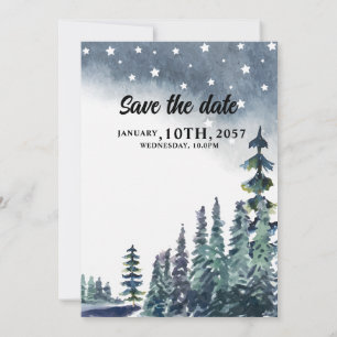 Winter Wedding card with nevy blue sky pine tree