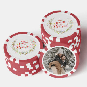 Winter wedding cones red berries star watercolor  poker chips