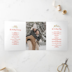 Winter wedding cones red berries watercolor photo Tri-Fold programme