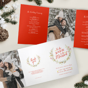 Winter wedding cones red berries watercolor photo Tri-Fold programme