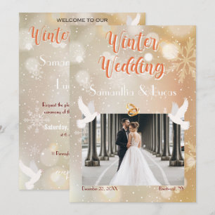 Winter Wedding Couple Photo Gold Wedding  Invitation