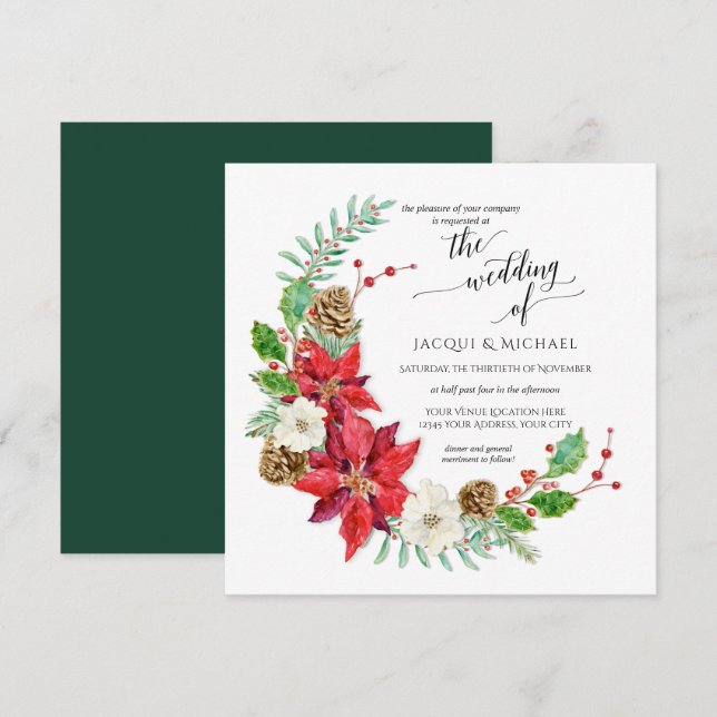 Winter Wedding Crescent Floral Wreath | Square Invitation (Front/Back)