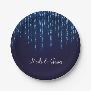 Winter Wedding Elegant Blue Sparkle String Lights Paper Plate