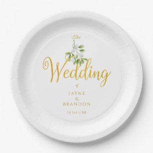 Winter Wedding Elegant Gold Script Mistletoe Paper Plate