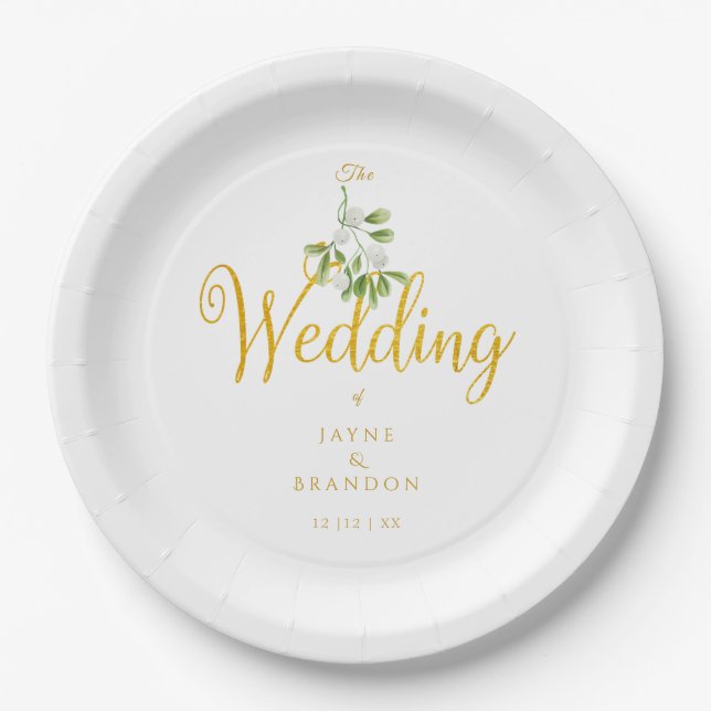 Winter Wedding Elegant Gold Script Mistletoe Paper Plate (Front)